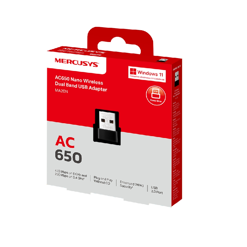 md5-5E86953611F49F5E701D2F78203B18C1 Adapt. De Rede Mercusys Wireless Nano Usb Ma20N Ac650 - Imagem 1
