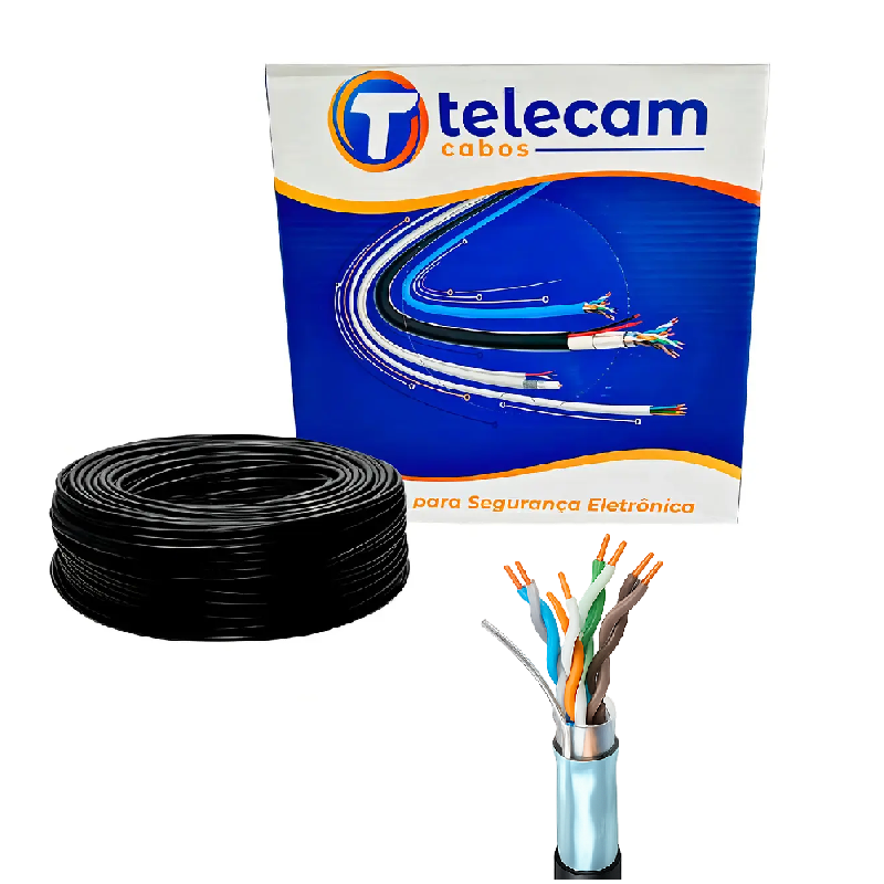 md5-58c80449e5c277ed6be11bc0b3105f2a Cabo De Rede Telecam Blindado Cat 5E 100 Mts C/ Dreno 4Px24Awg 100% Cobre Preto - Imagem 1